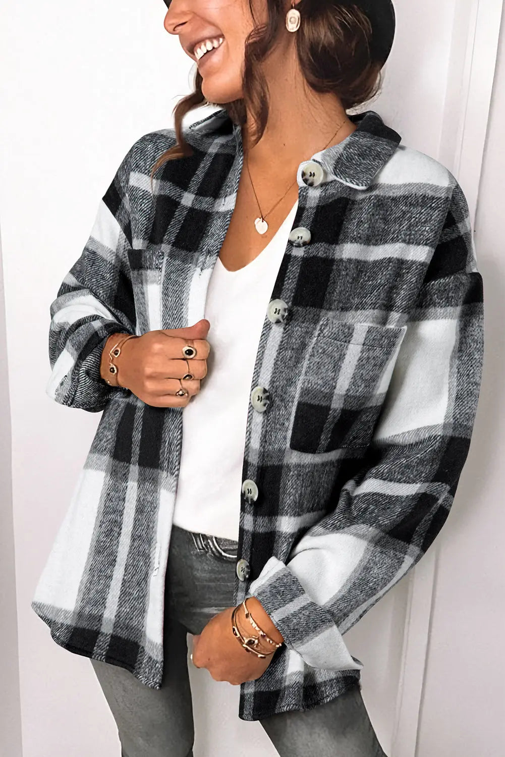 Plaid Buttoned Long Sleeve Jacket with Pocket - eAura
