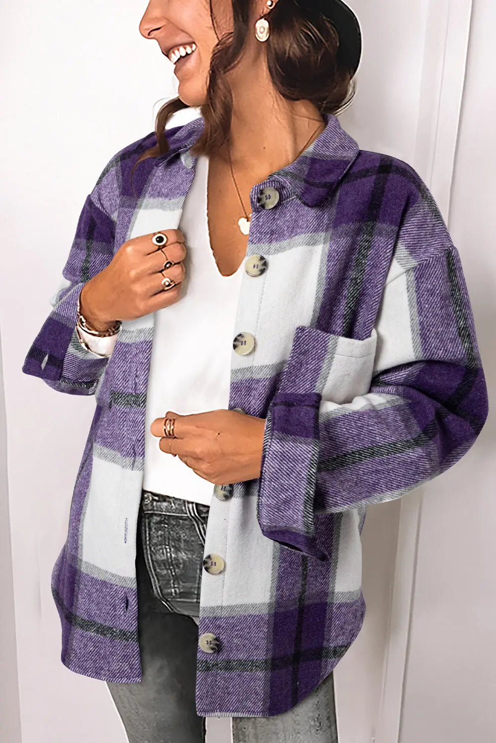 Plaid Buttoned Long Sleeve Jacket with Pocket - eAura