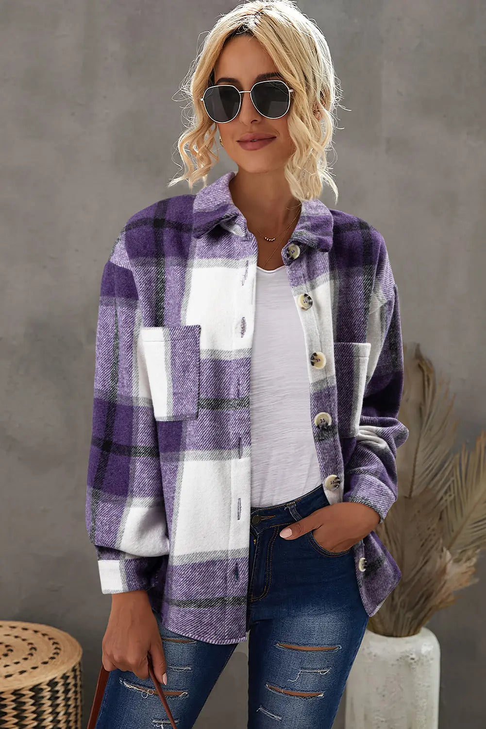 Plaid Buttoned Long Sleeve Jacket with Pocket - eAura