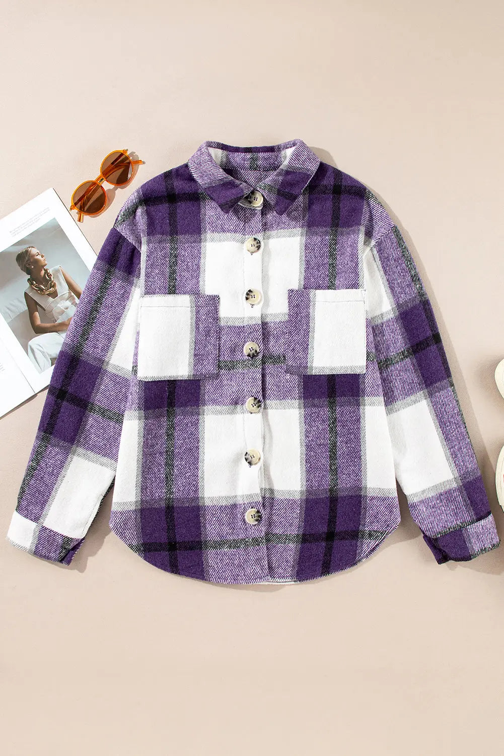 Plaid Buttoned Long Sleeve Jacket with Pocket - eAura