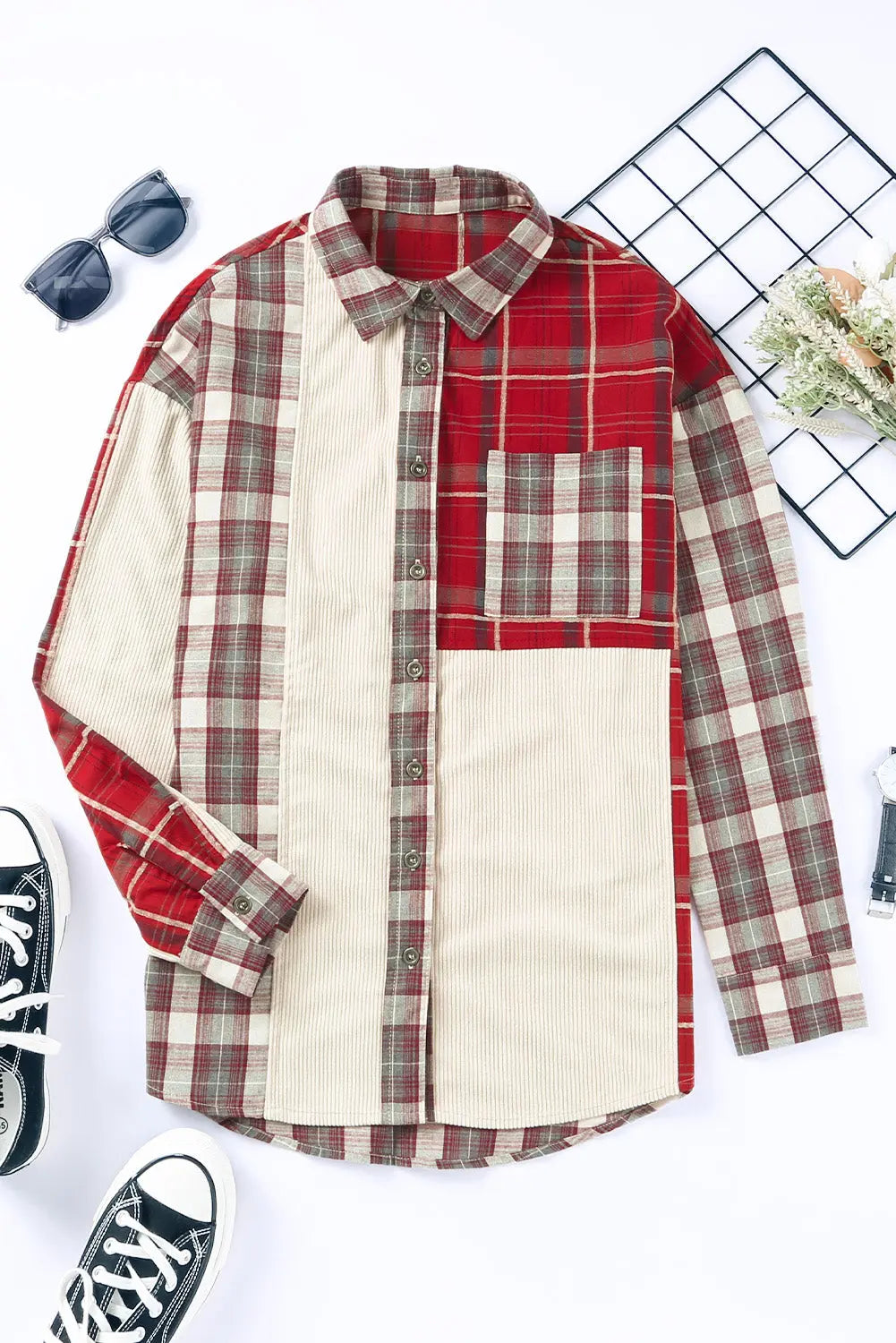 Plaid Corduroy Patchwork Shacket eAura