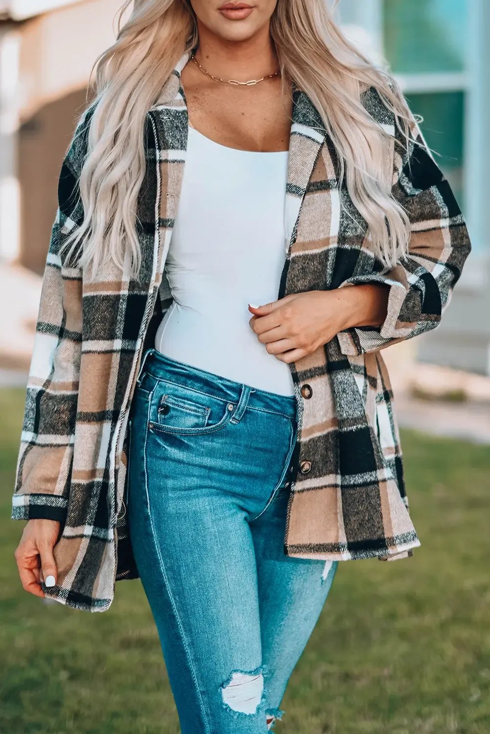 Plaid Print Buttoned Shirt Jacket - eAura