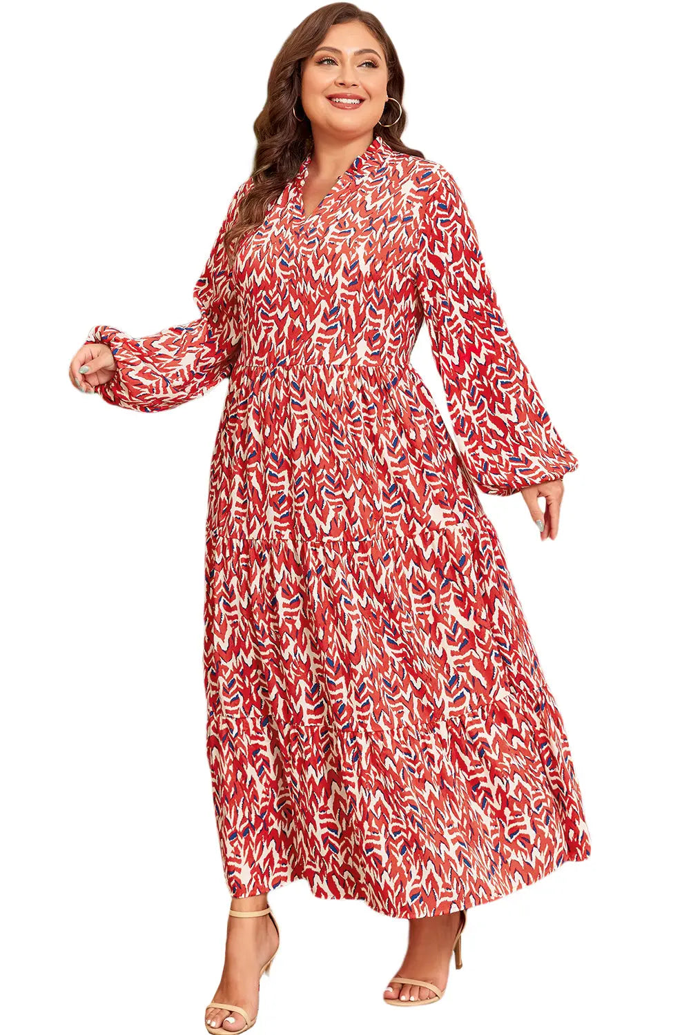 Plus Size Abstract Print Notch V Neck High Waist Maxi Dress Beagle Boutique Fashion Outlet