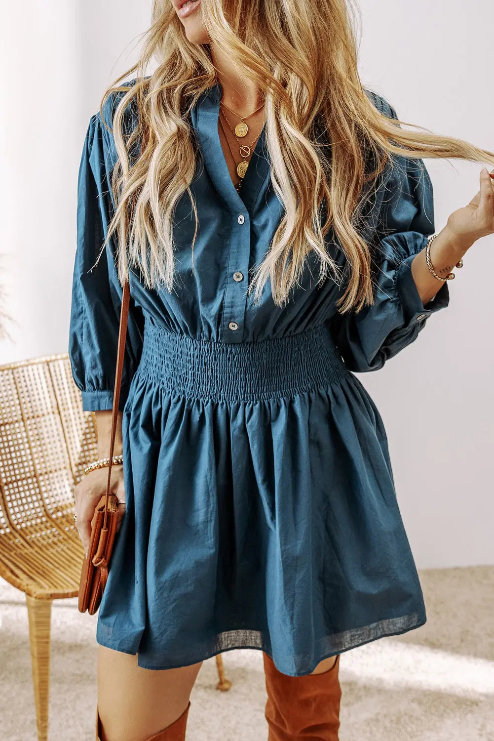 Prussian Blue 3/4 Sleeve Shirred High Waist Buttoned Mini Dress Beagle Boutique Fashion Outlet