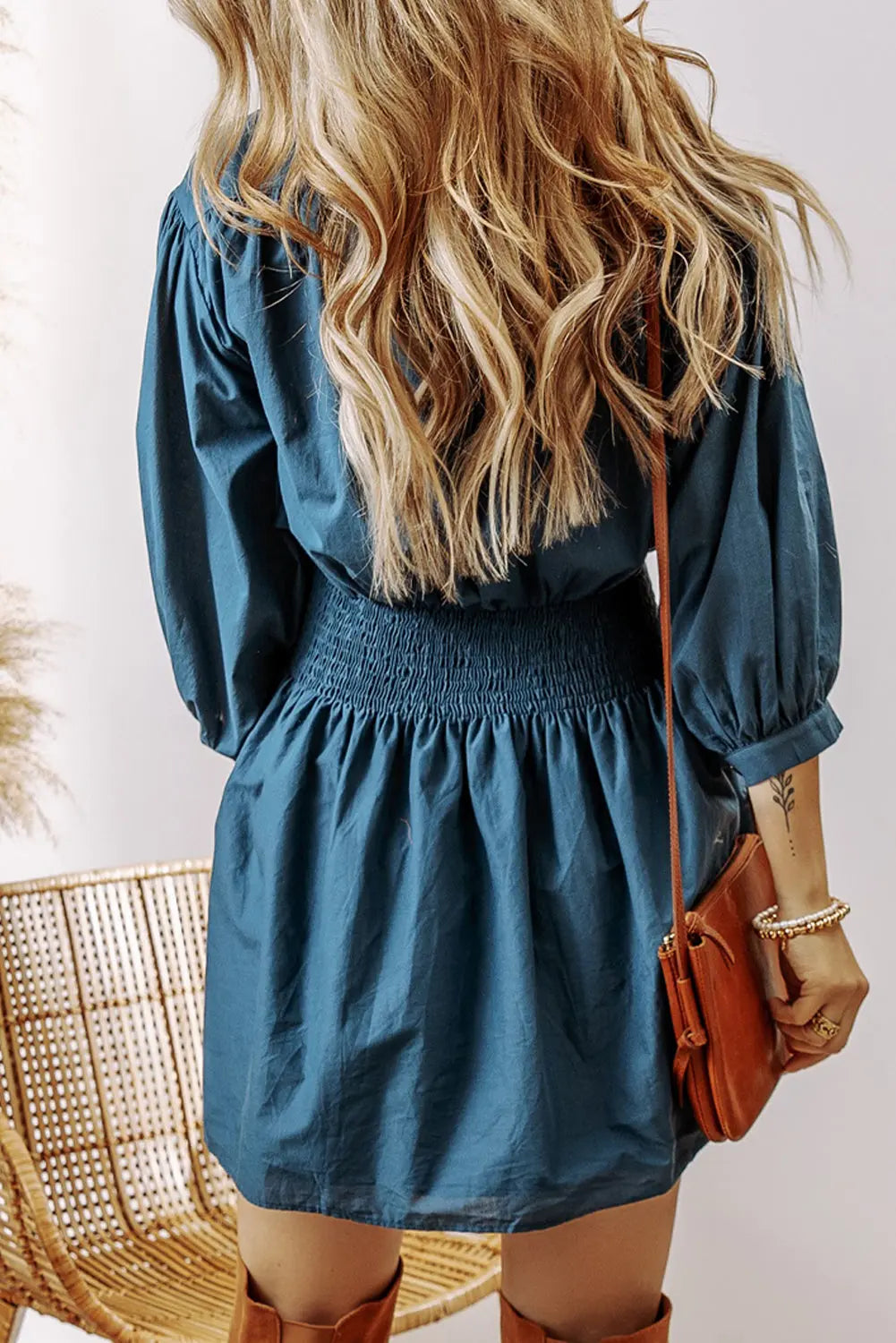 Prussian Blue 3/4 Sleeve Shirred High Waist Buttoned Mini Dress Beagle Boutique Fashion Outlet