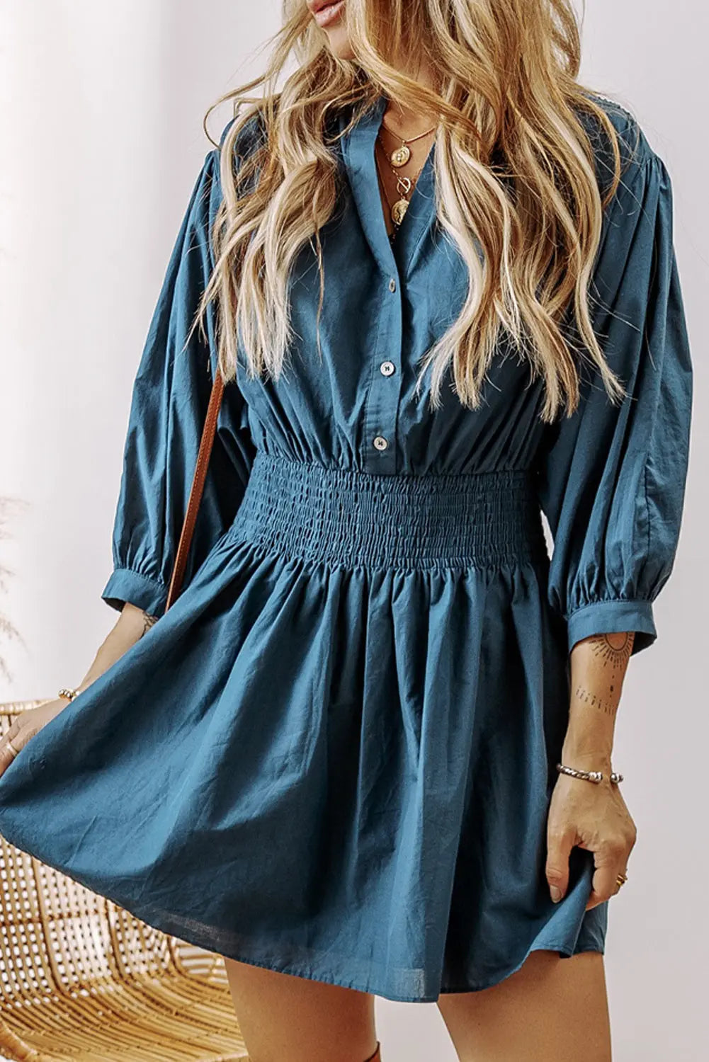 Prussian Blue 3/4 Sleeve Shirred High Waist Buttoned Mini Dress Beagle Boutique Fashion Outlet
