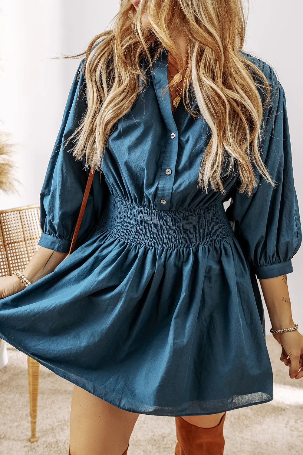 Prussian Blue 3/4 Sleeve Shirred High Waist Buttoned Mini Dress Beagle Boutique Fashion Outlet