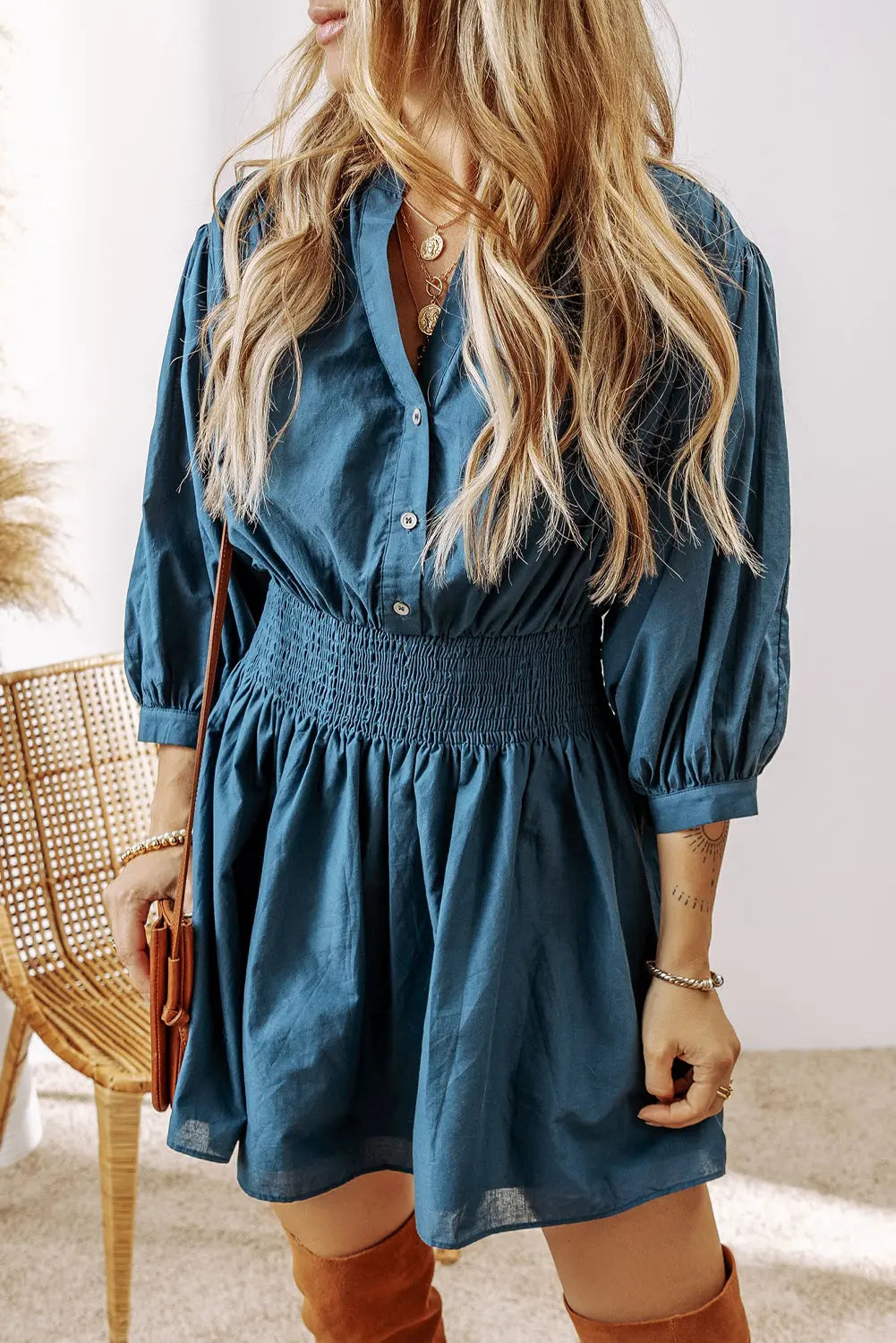 Prussian Blue 3/4 Sleeve Shirred High Waist Buttoned Mini Dress Beagle Boutique Fashion Outlet