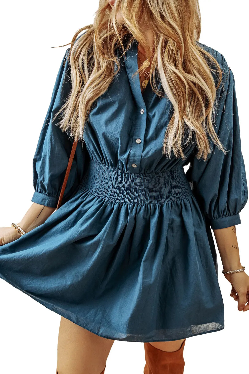 Prussian Blue 3/4 Sleeve Shirred High Waist Buttoned Mini Dress Beagle Boutique Fashion Outlet