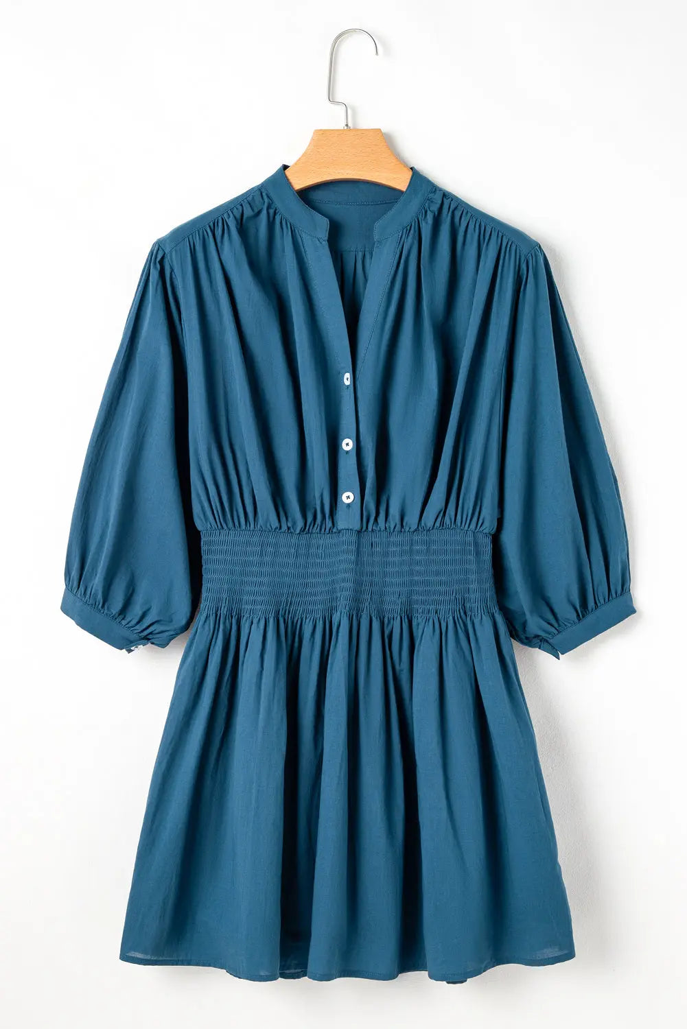 Prussian Blue 3/4 Sleeve Shirred High Waist Buttoned Mini Dress Beagle Boutique Fashion Outlet