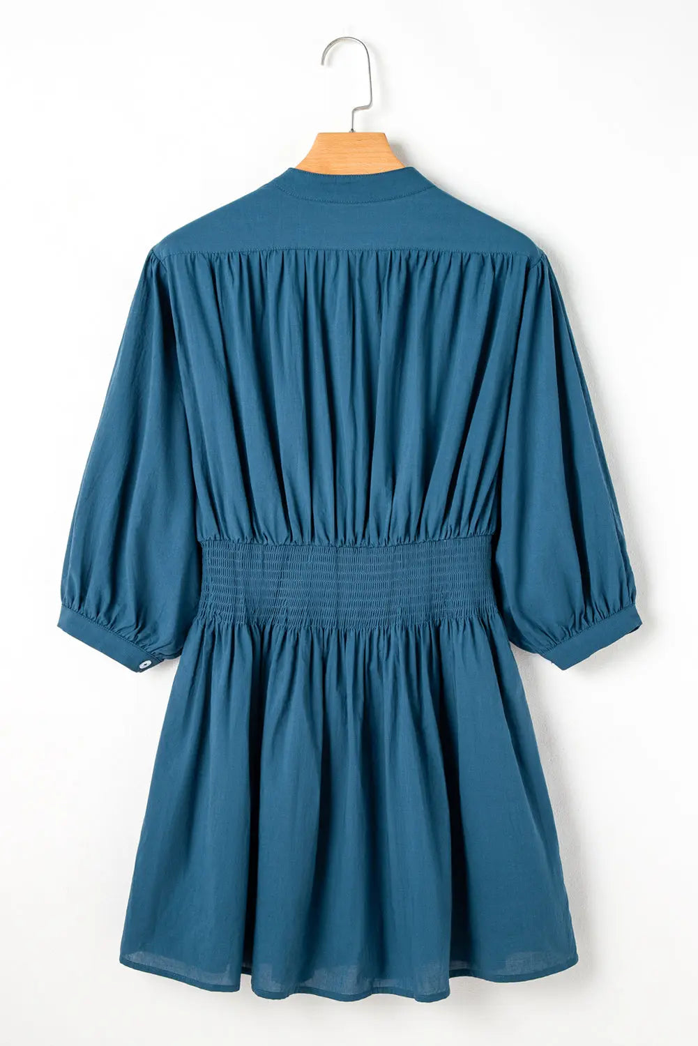 Prussian Blue 3/4 Sleeve Shirred High Waist Buttoned Mini Dress Beagle Boutique Fashion Outlet