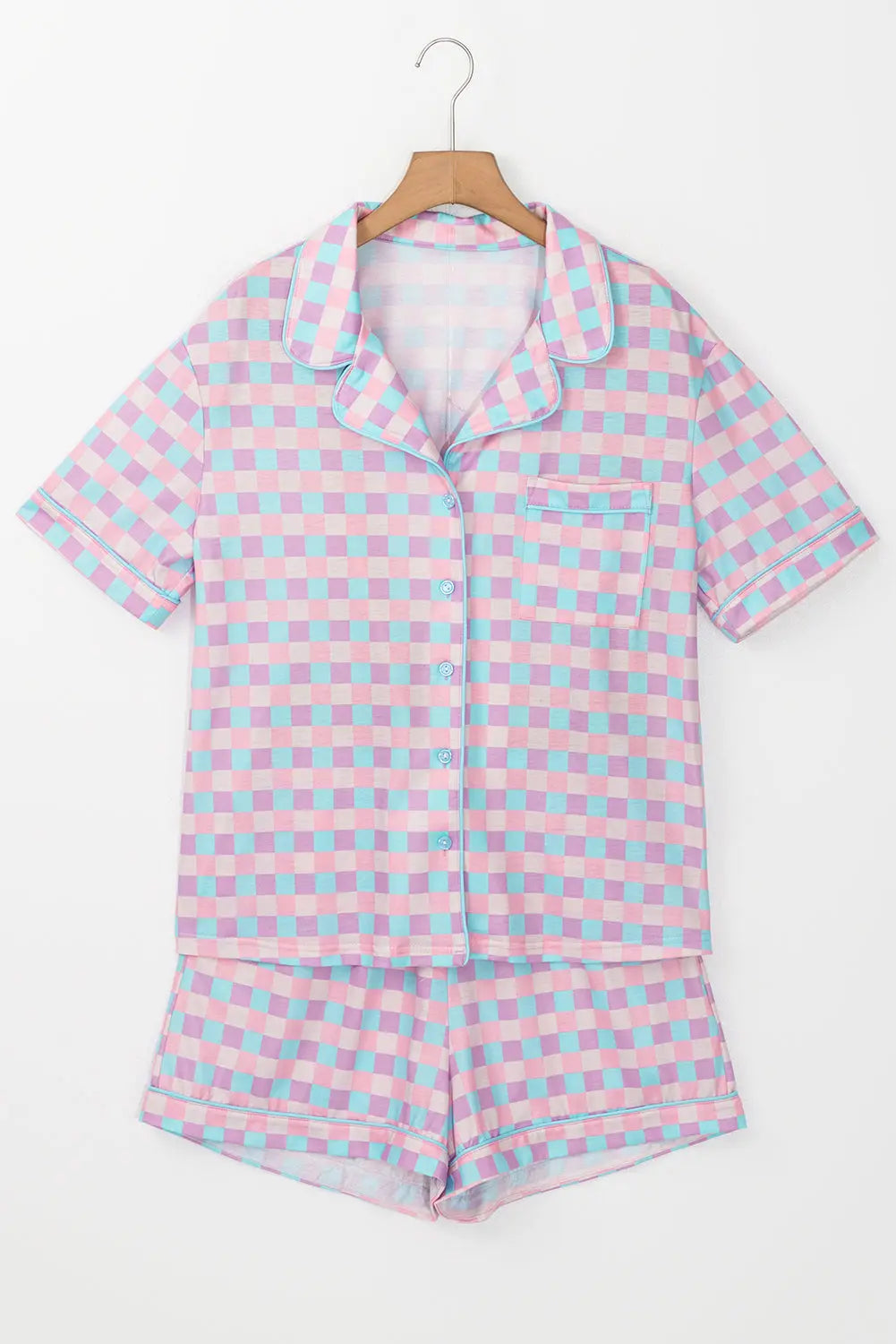 Purple Checkered Pattern Short Sleeve Pyjamass Set - eAura