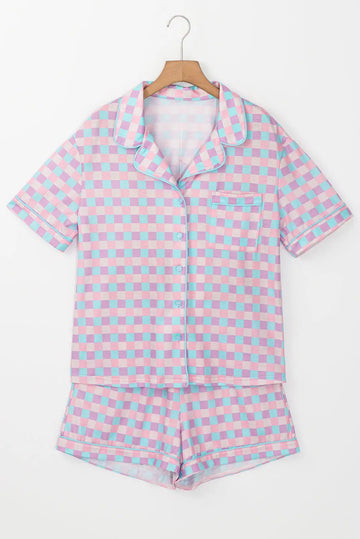 Purple Checkered Pattern Short Sleeve Pyjamass Set - eAura