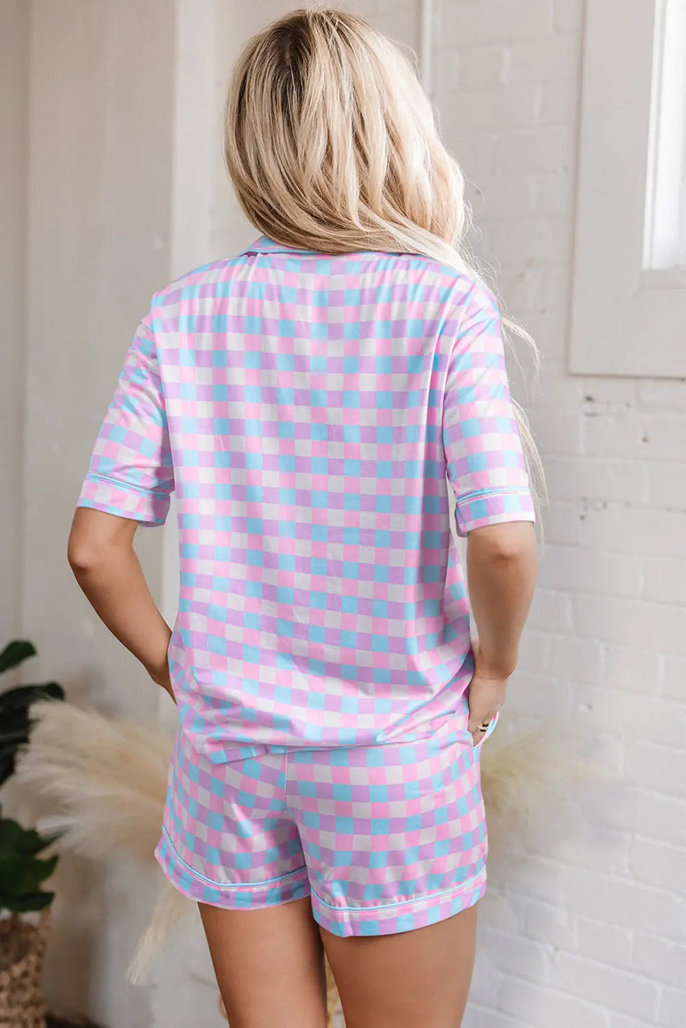 Purple Checkered Pattern Short Sleeve Pyjamass Set - eAura