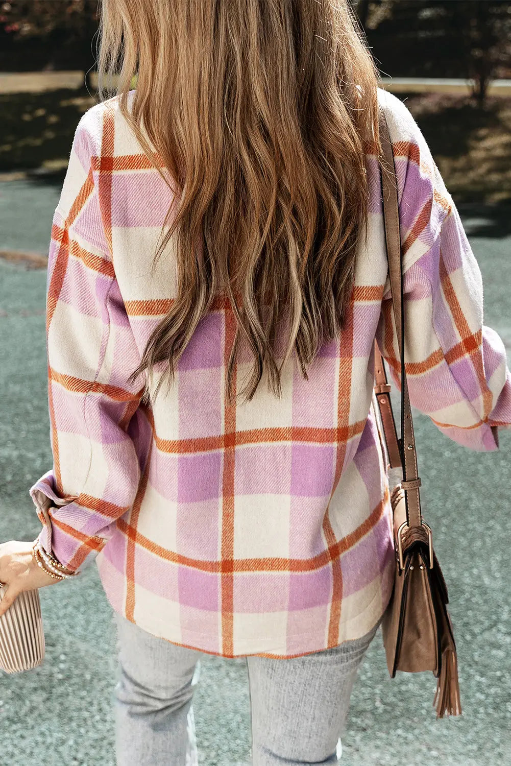 Purple Corduroy Pockets Brushed Checkered Shacket eAura