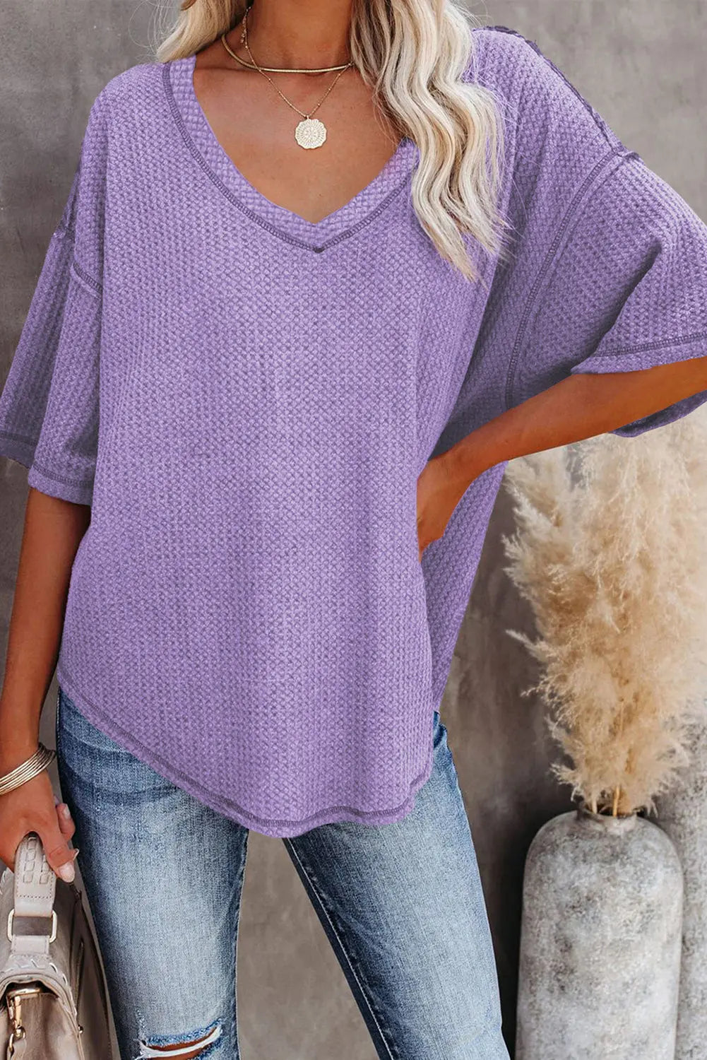 Purple Exposed Seam Half Sleeve Knitted V Neck Textured Top Dear-Lover Dropshipping