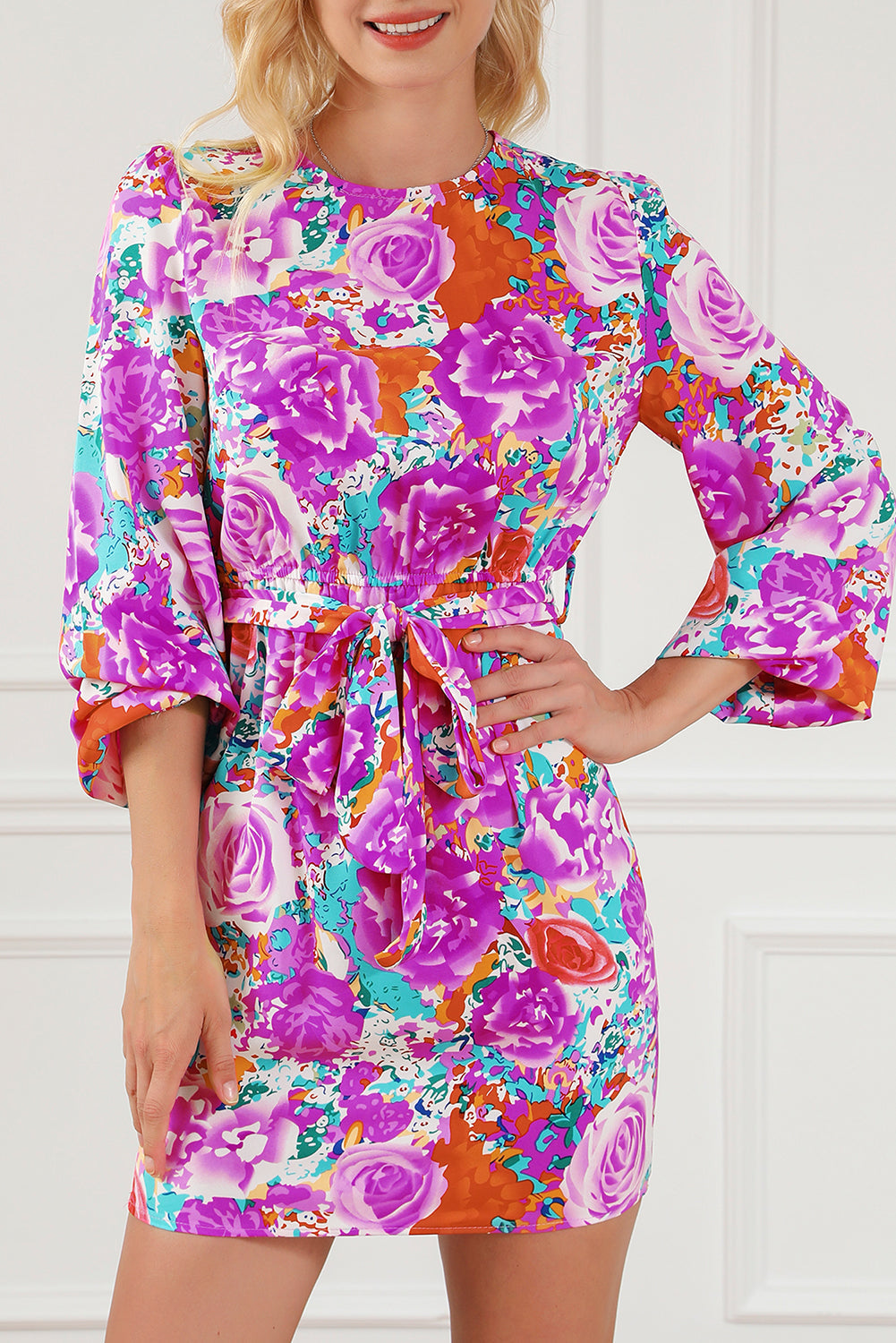 Purple Floral Keyhole Back Long Sleeve Belted Dress - eAura