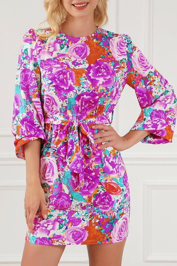 Purple Floral Keyhole Back Long Sleeve Belted Dress - eAura