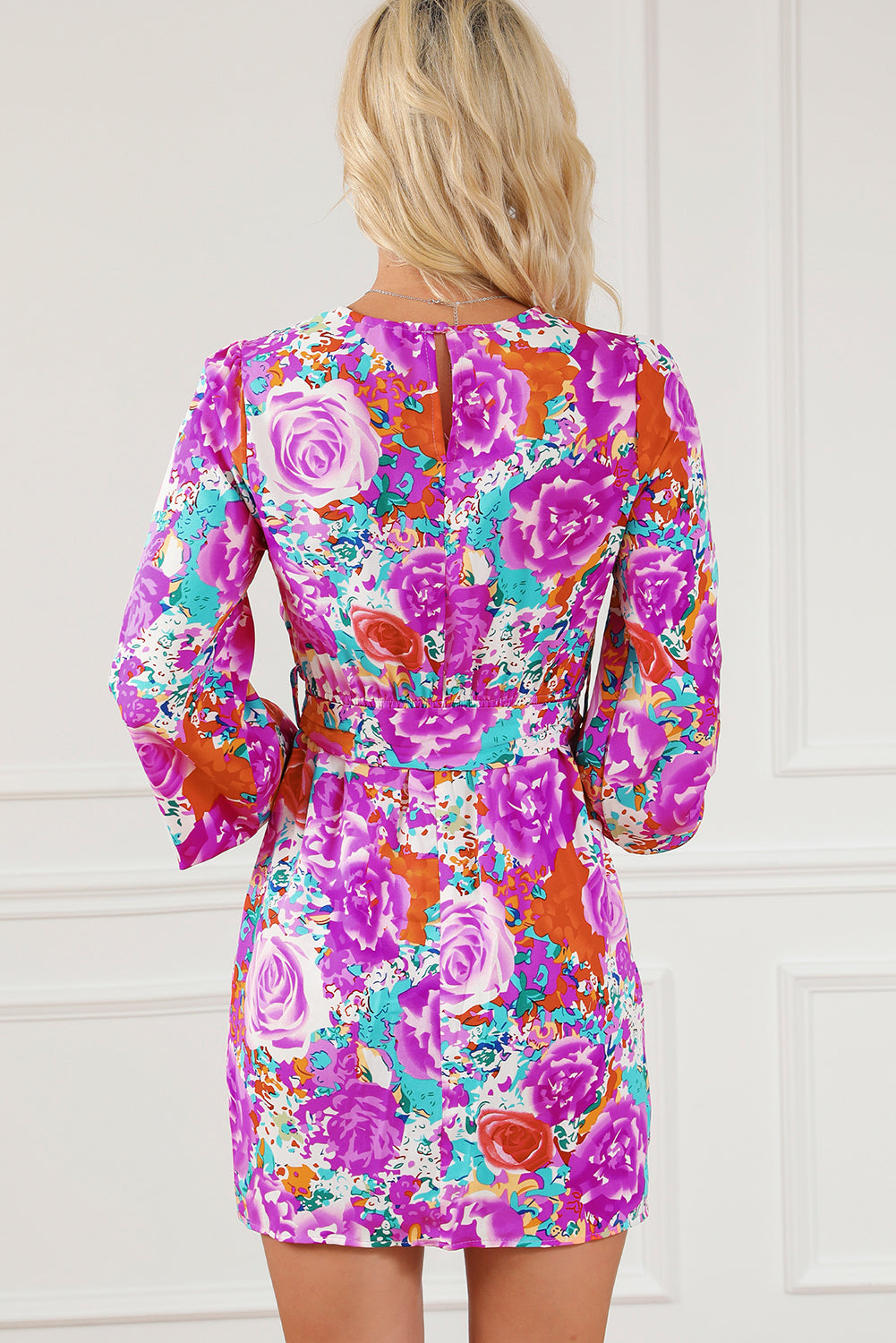 Purple Floral Keyhole Back Long Sleeve Belted Dress - eAura