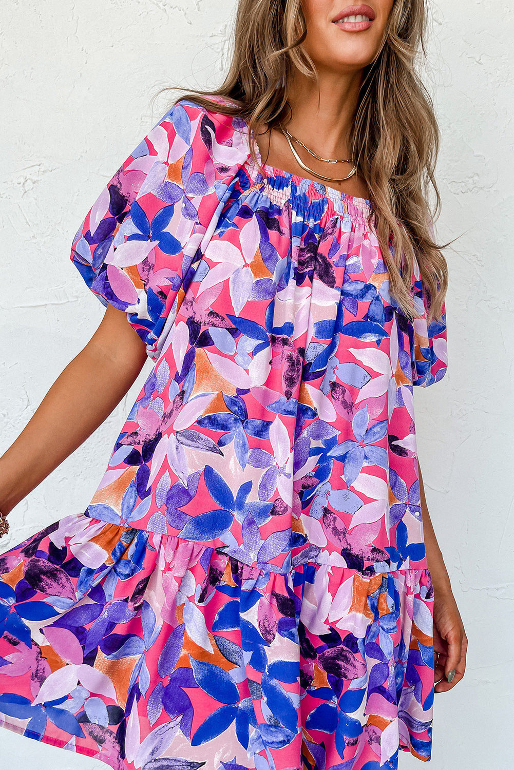 Purple Flower Print Short Puff Sleeve Ruffled Dress - eAura
