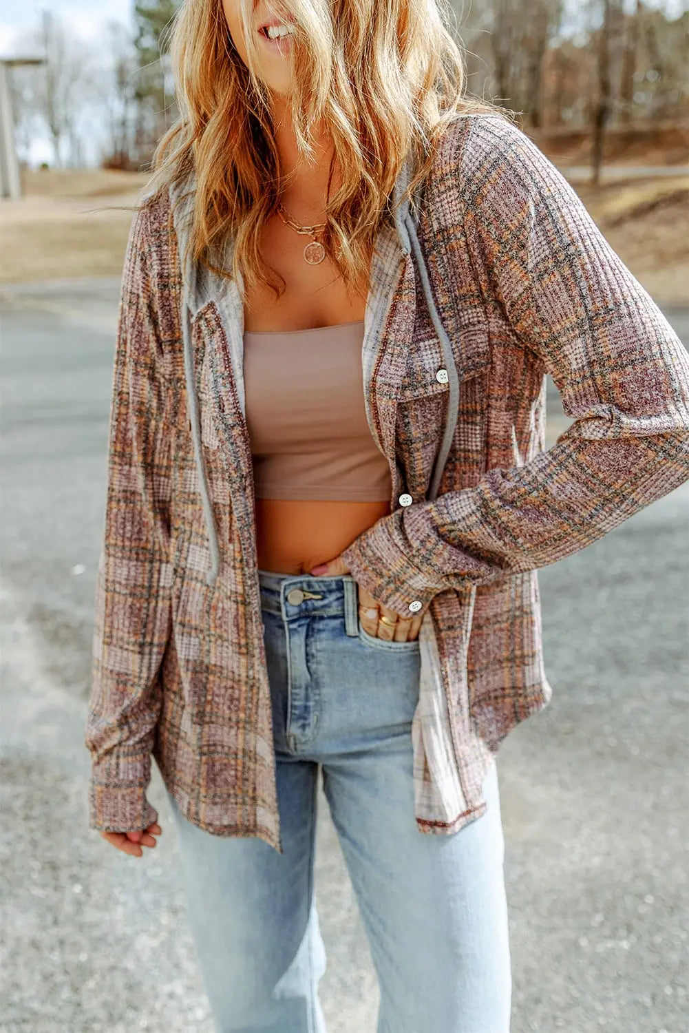 Purple Plaid Contrast Hooded Drawstring Shacket eAura