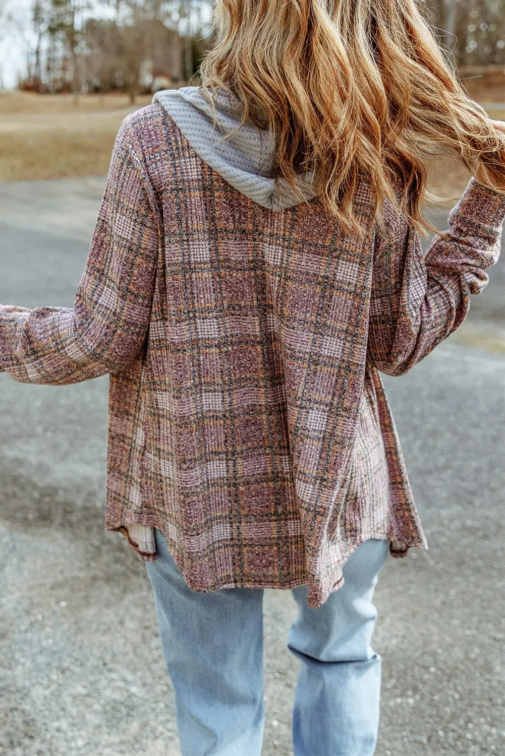 Purple Plaid Contrast Hooded Drawstring Shacket eAura