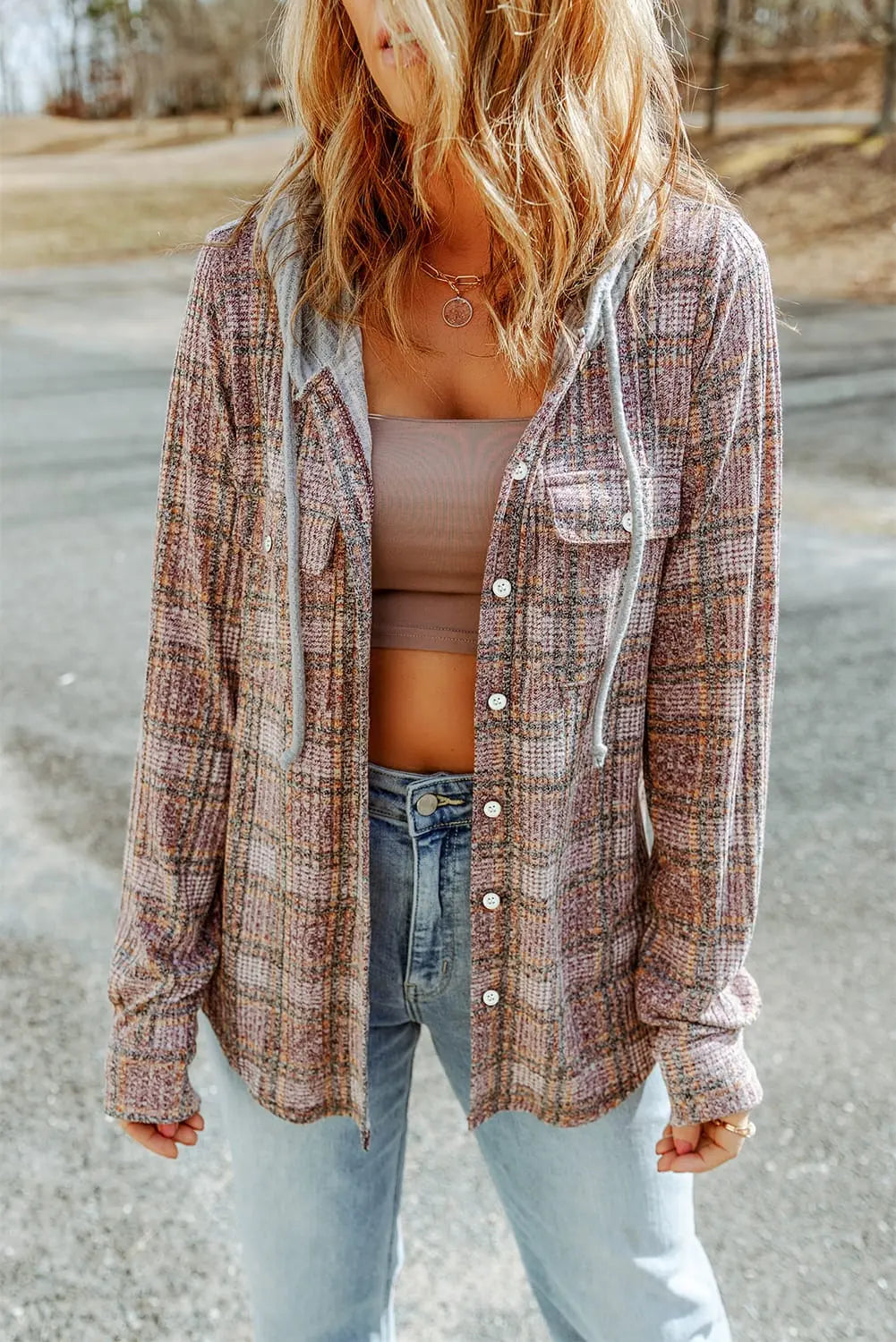 Purple Plaid Contrast Hooded Drawstring Shacket eAura