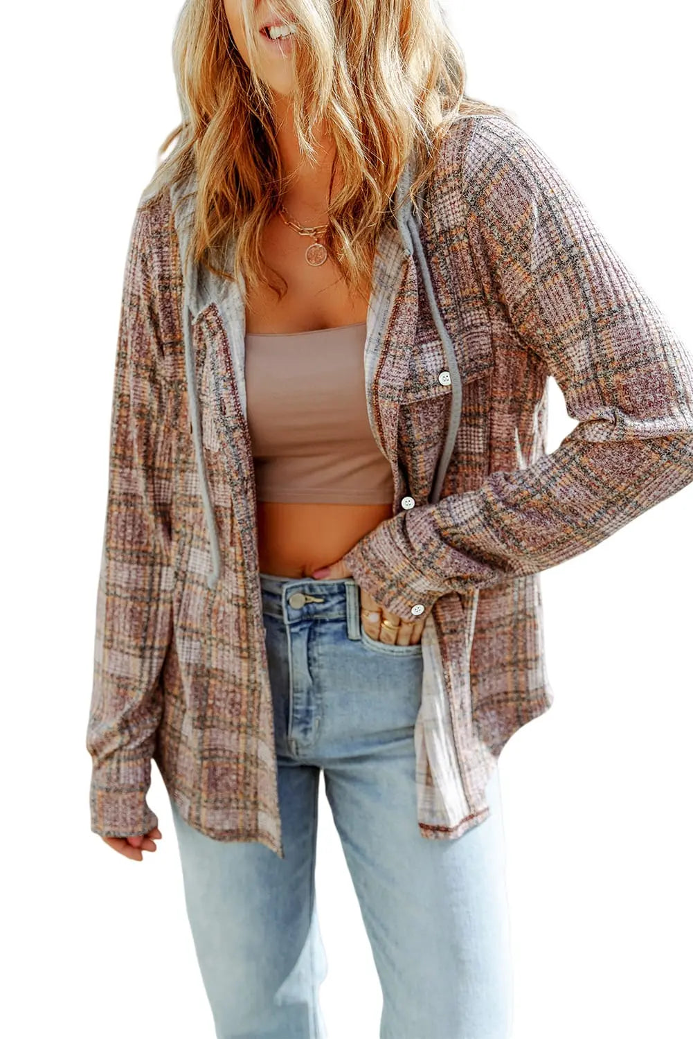 Purple Plaid Contrast Hooded Drawstring Shacket eAura