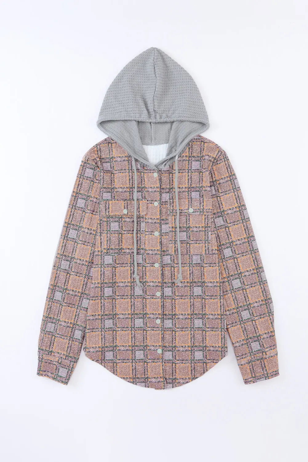 Purple Plaid Contrast Hooded Drawstring Shacket eAura