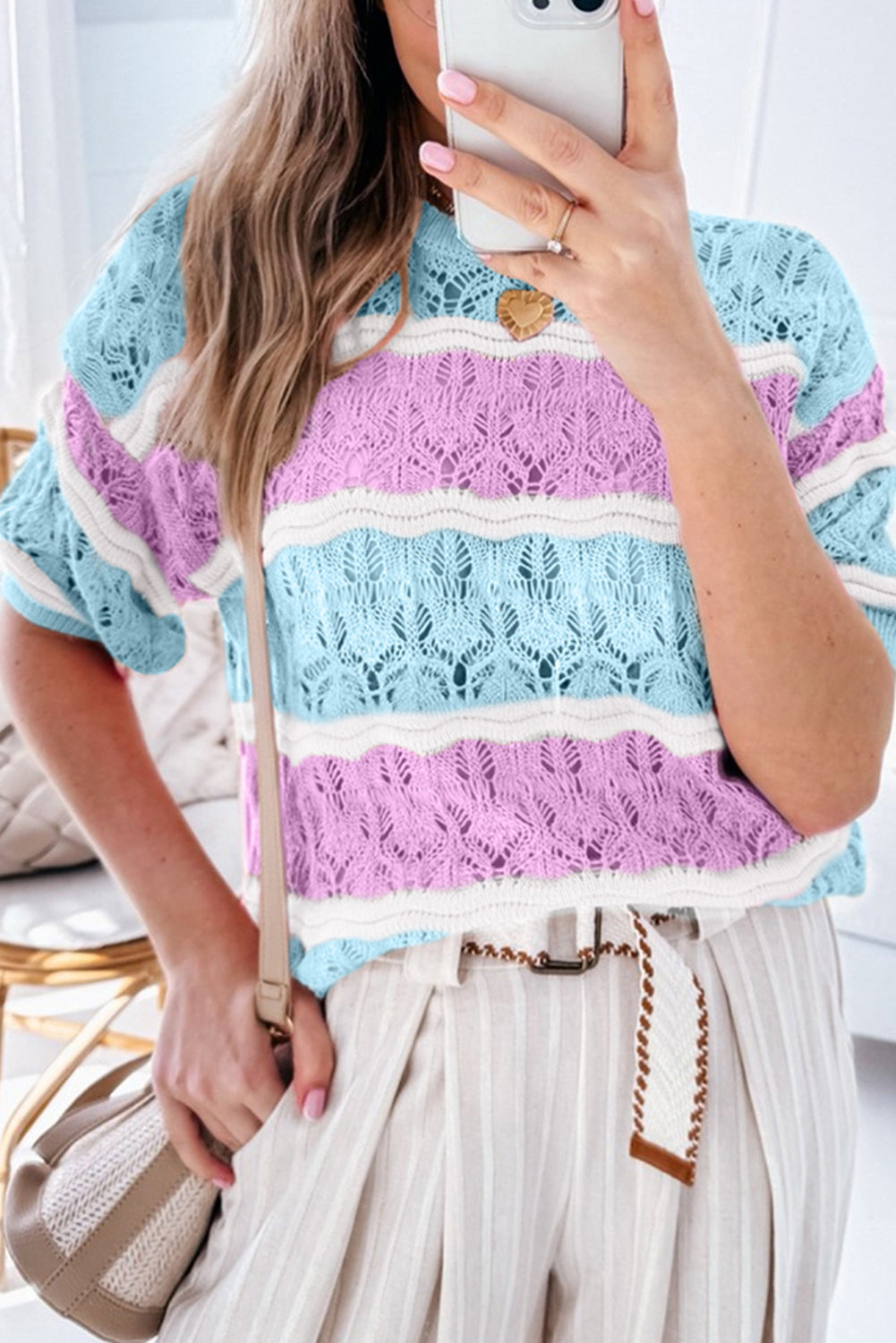 Purple Stripe Colour Block Hollow Out Crochet Half Sleeve Sweater - eAura