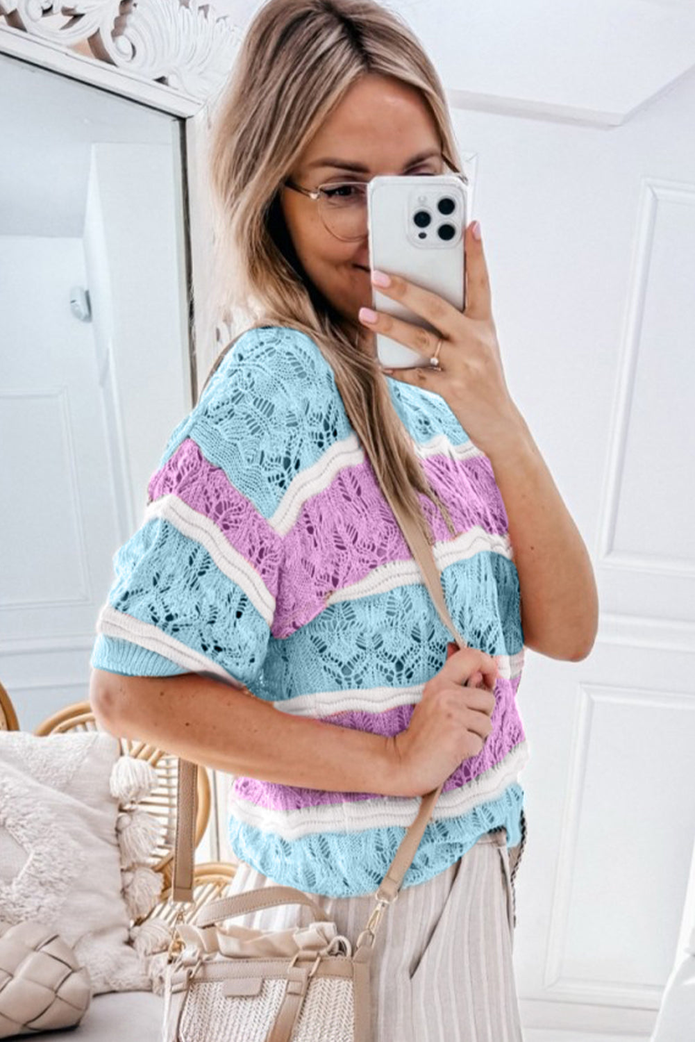 Purple Stripe Colour Block Hollow Out Crochet Half Sleeve Sweater - eAura