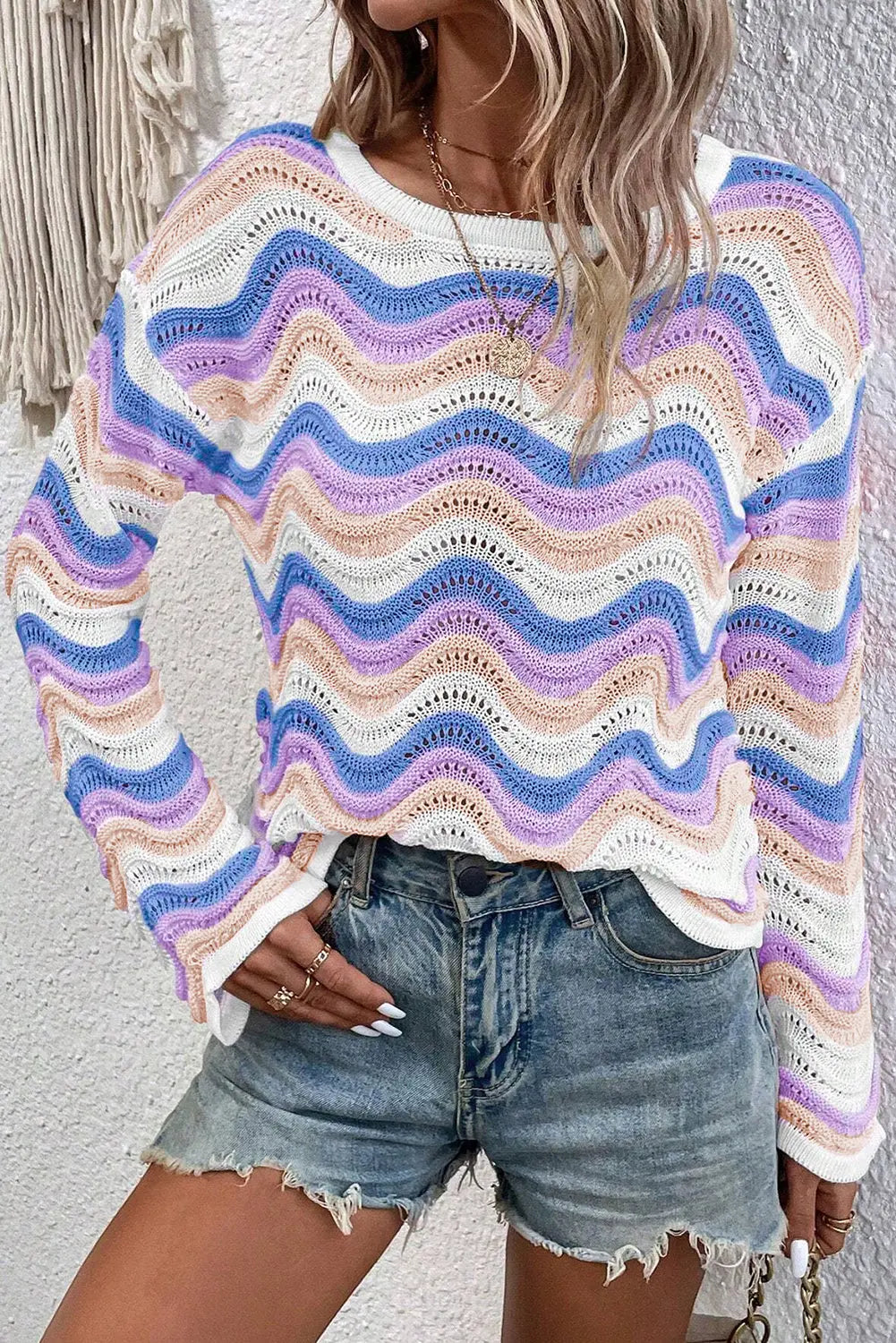 Purple Stripe Wavy Pointelle Knit Drop Shoulder Sweater Beagle Boutique Fashion Outlet