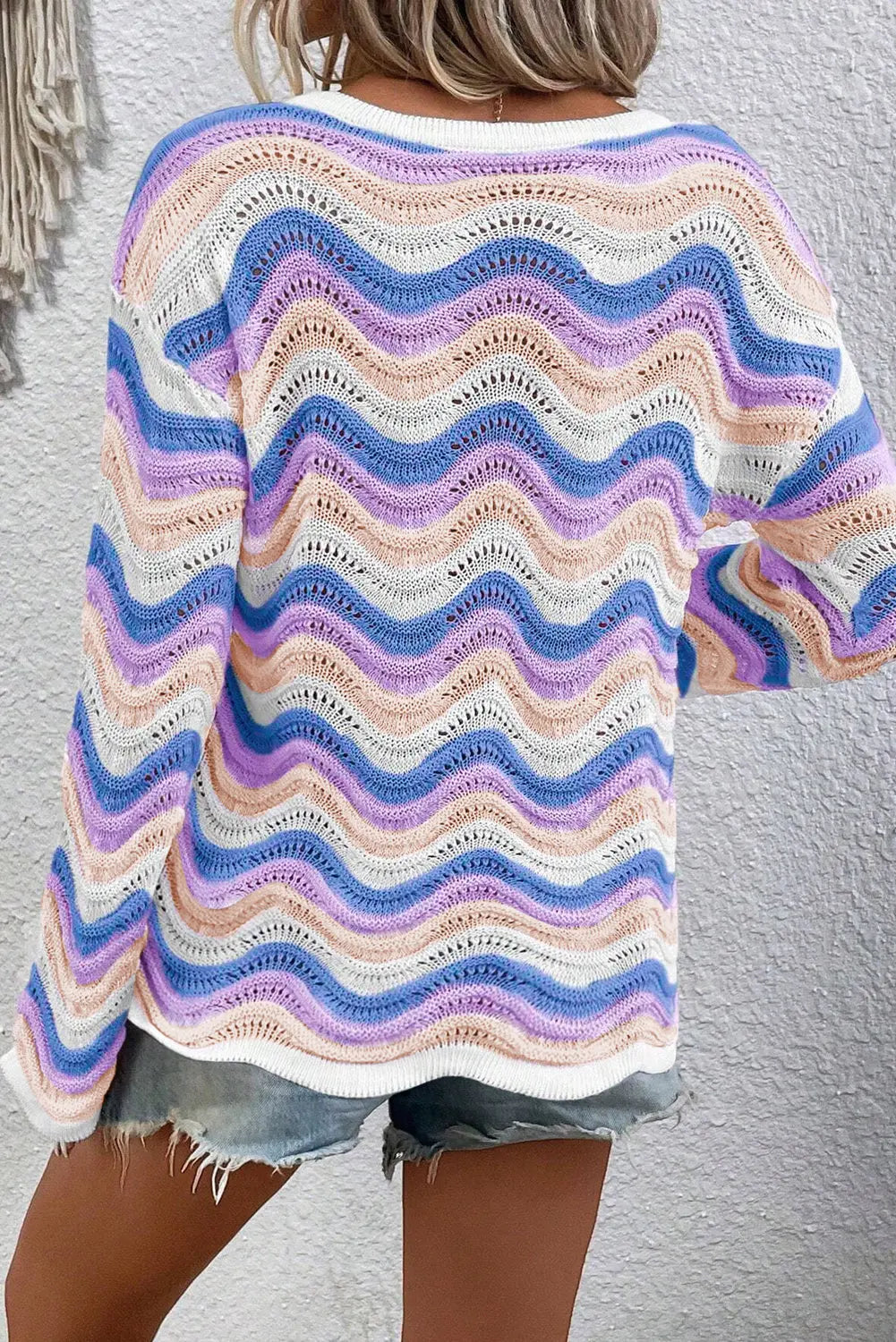 Purple Stripe Wavy Pointelle Knit Drop Shoulder Sweater Beagle Boutique Fashion Outlet