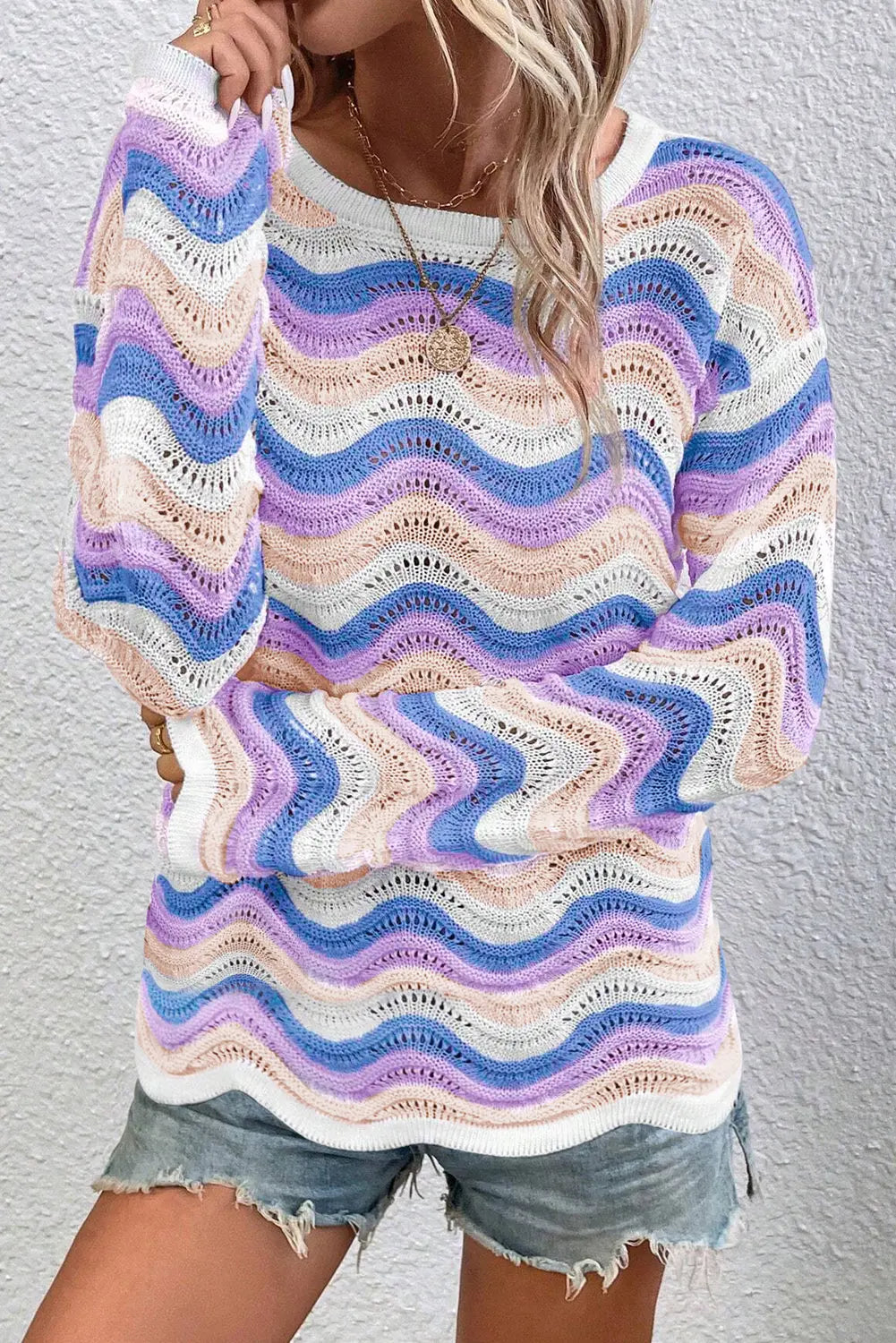 Purple Stripe Wavy Pointelle Knit Drop Shoulder Sweater Beagle Boutique Fashion Outlet