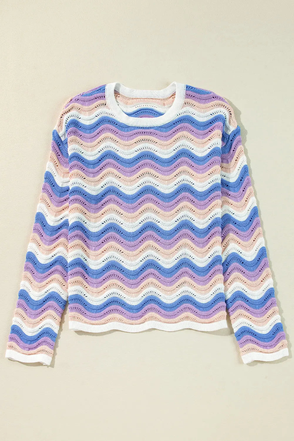 Purple Stripe Wavy Pointelle Knit Drop Shoulder Sweater Beagle Boutique Fashion Outlet