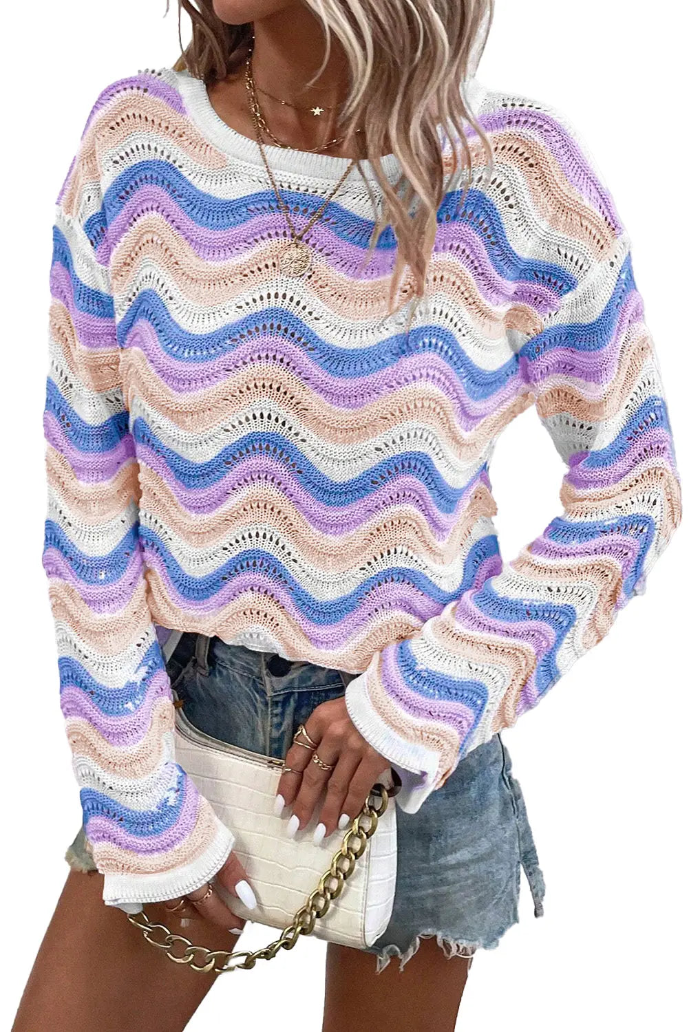 Purple Stripe Wavy Pointelle Knit Drop Shoulder Sweater Beagle Boutique Fashion Outlet
