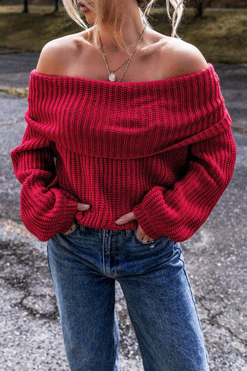 Racing Red Off-the-shoulder Knit Sweater - RACING RED / S / 60% COTTON + 40% ACRYLIC - Sweaters & Cardigans/Sweaters