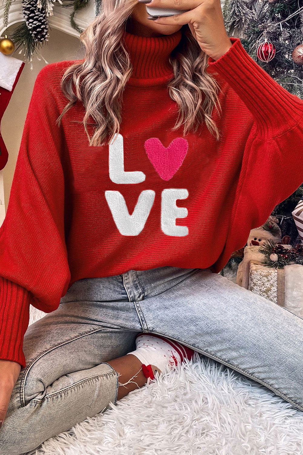 Racing Red Valentine LOVE Letter Embroidered High Neck Sweater - eAura