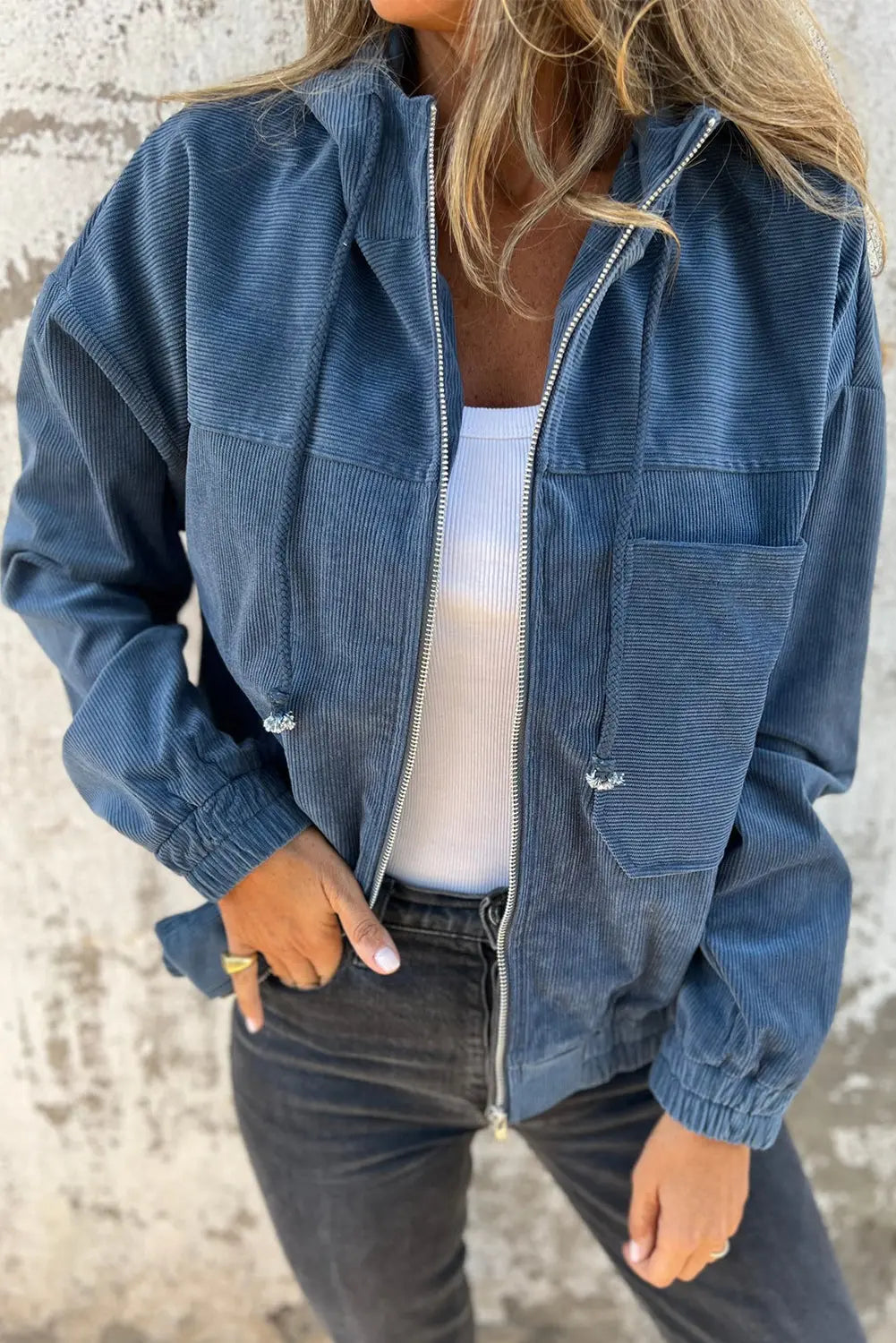 Real Teal Corduroy Drawstring Hooded Pocket Zip Up Jacket - eAura