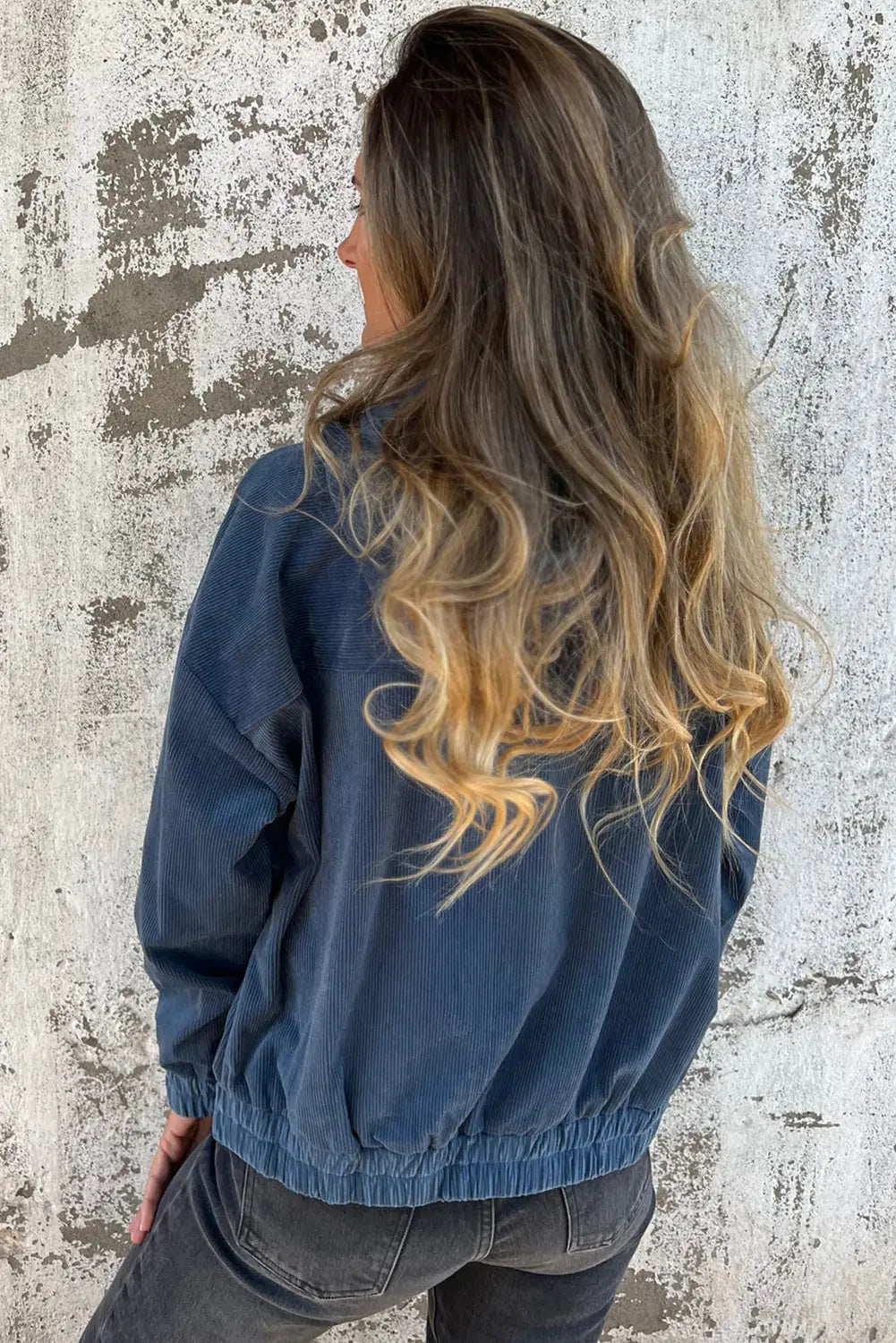 Real Teal Corduroy Drawstring Hooded Pocket Zip Up Jacket - eAura