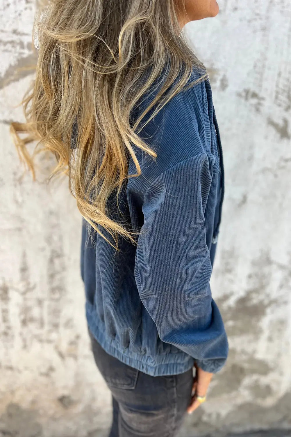 Real Teal Corduroy Drawstring Hooded Pocket Zip Up Jacket - eAura