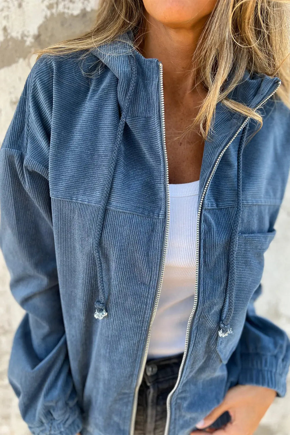 Real Teal Corduroy Drawstring Hooded Pocket Zip Up Jacket - eAura