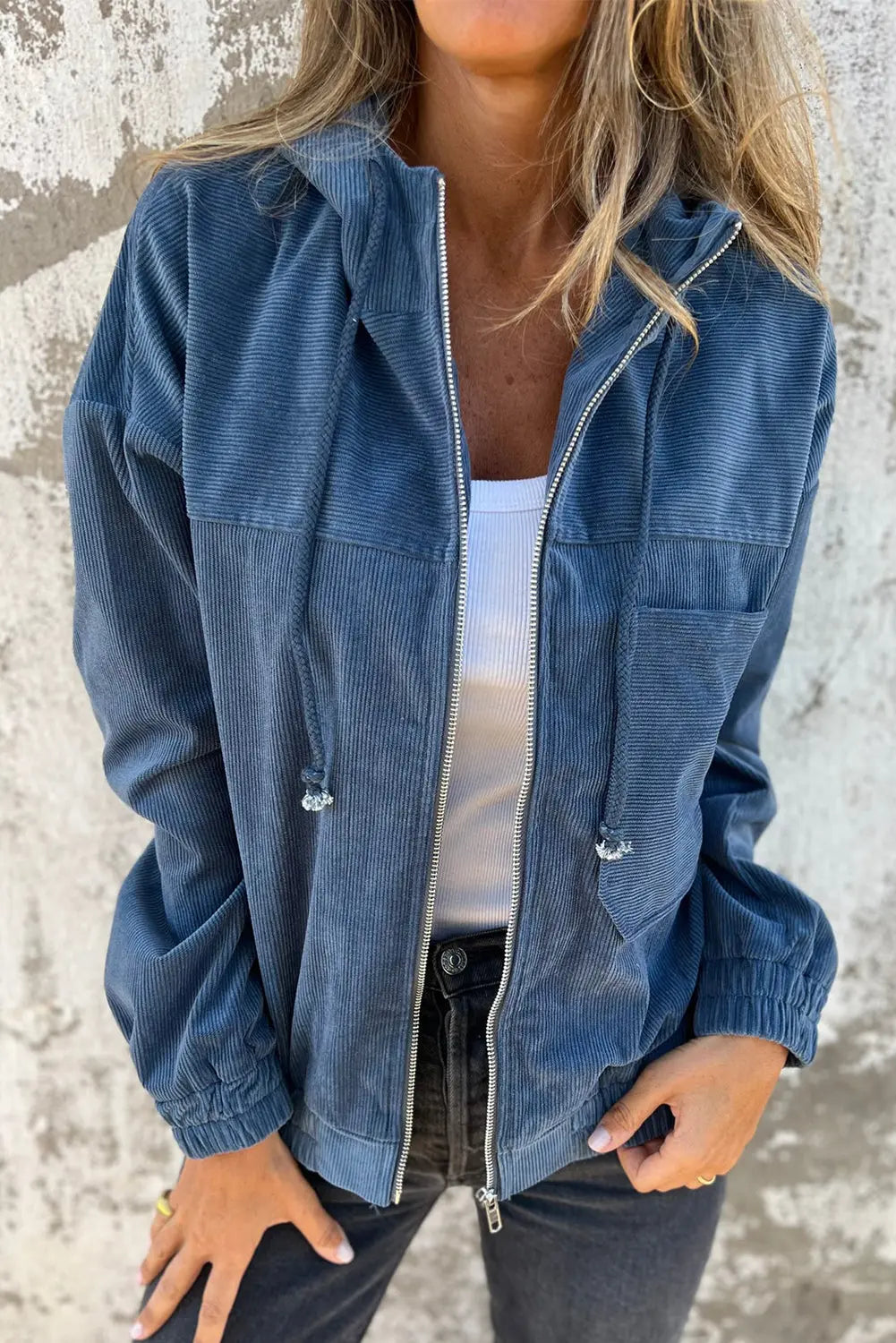 Real Teal Corduroy Drawstring Hooded Pocket Zip Up Jacket - eAura