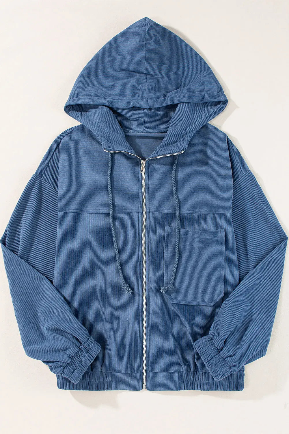 Real Teal Corduroy Drawstring Hooded Pocket Zip Up Jacket - eAura