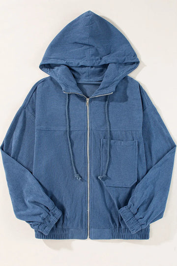 Real Teal Corduroy Drawstring Hooded Pocket Zip Up Jacket - Outerwear/Jackets