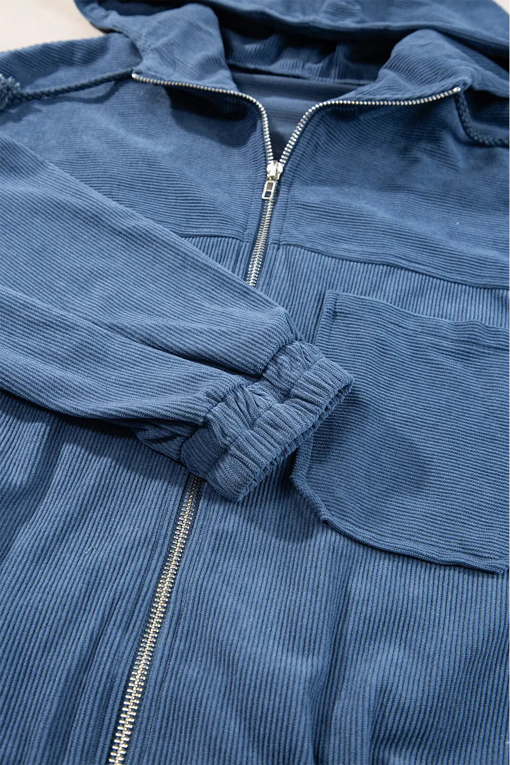 Real Teal Corduroy Drawstring Hooded Pocket Zip Up Jacket - eAura