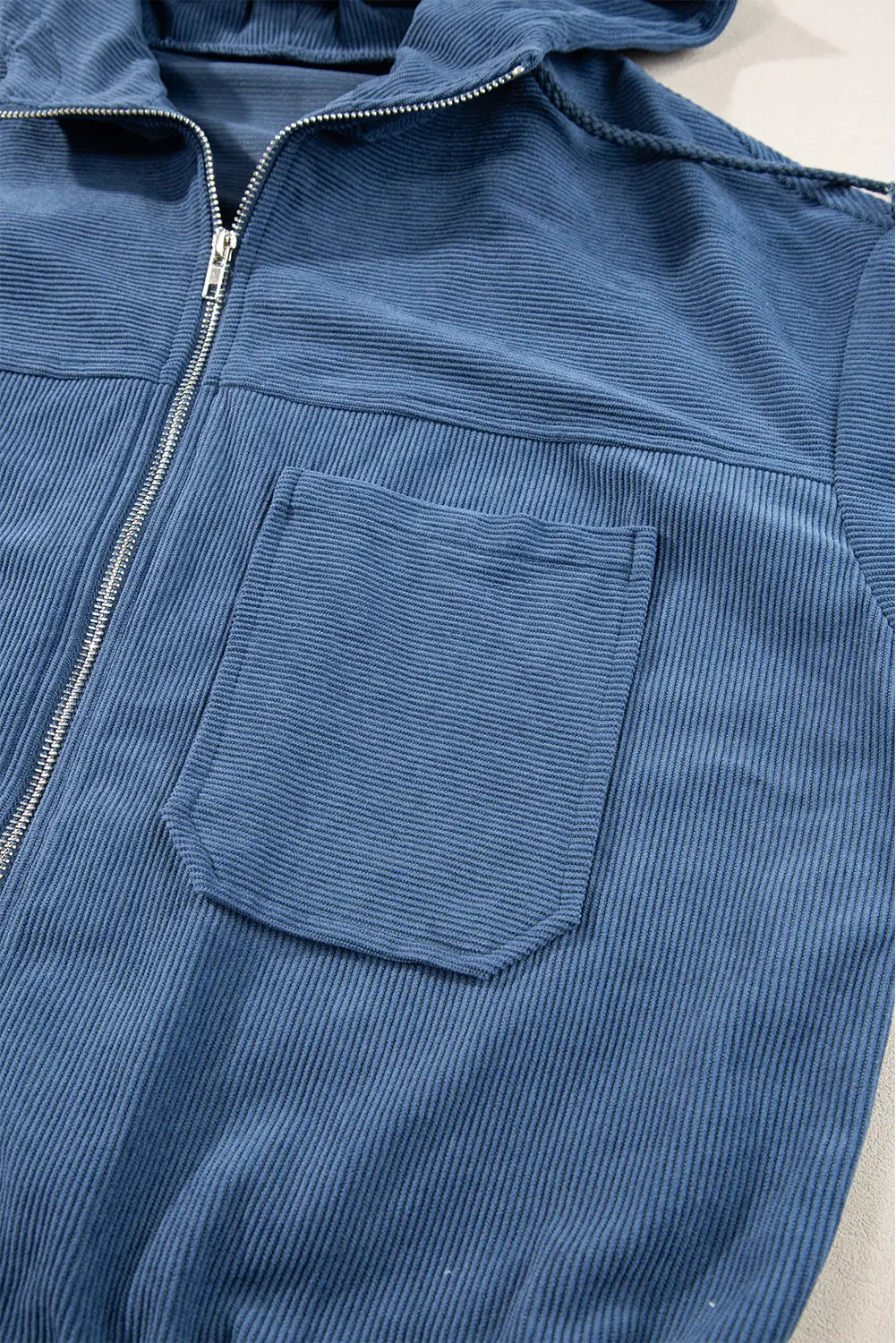 Real Teal Corduroy Drawstring Hooded Pocket Zip Up Jacket - eAura