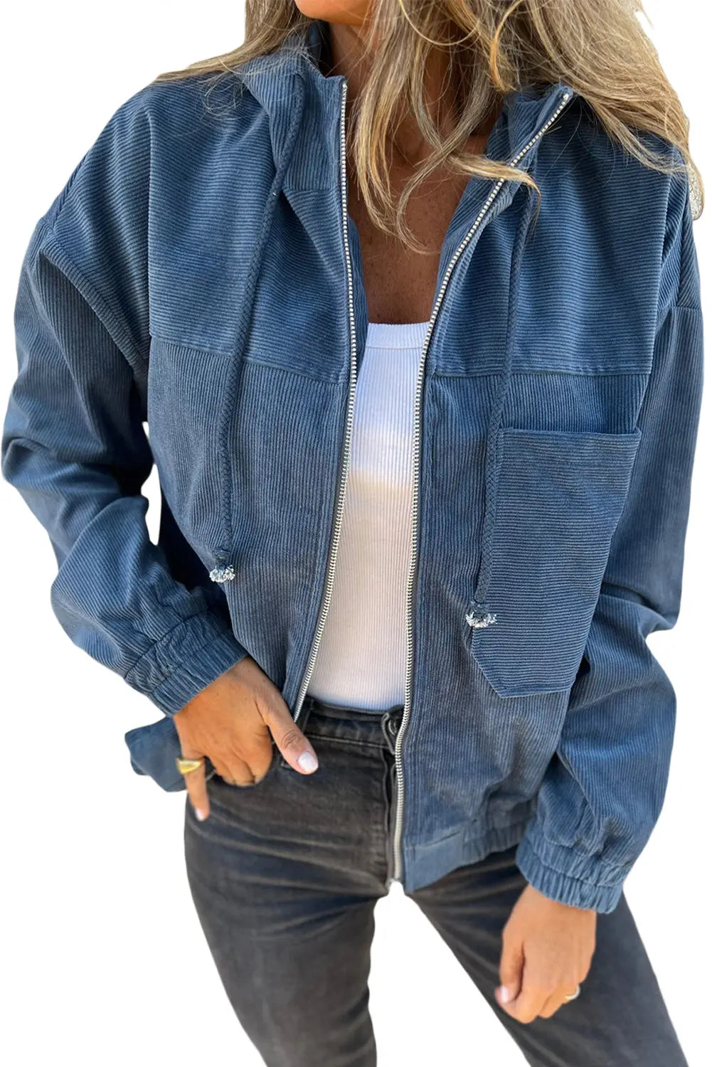 Real Teal Corduroy Drawstring Hooded Pocket Zip Up Jacket - eAura