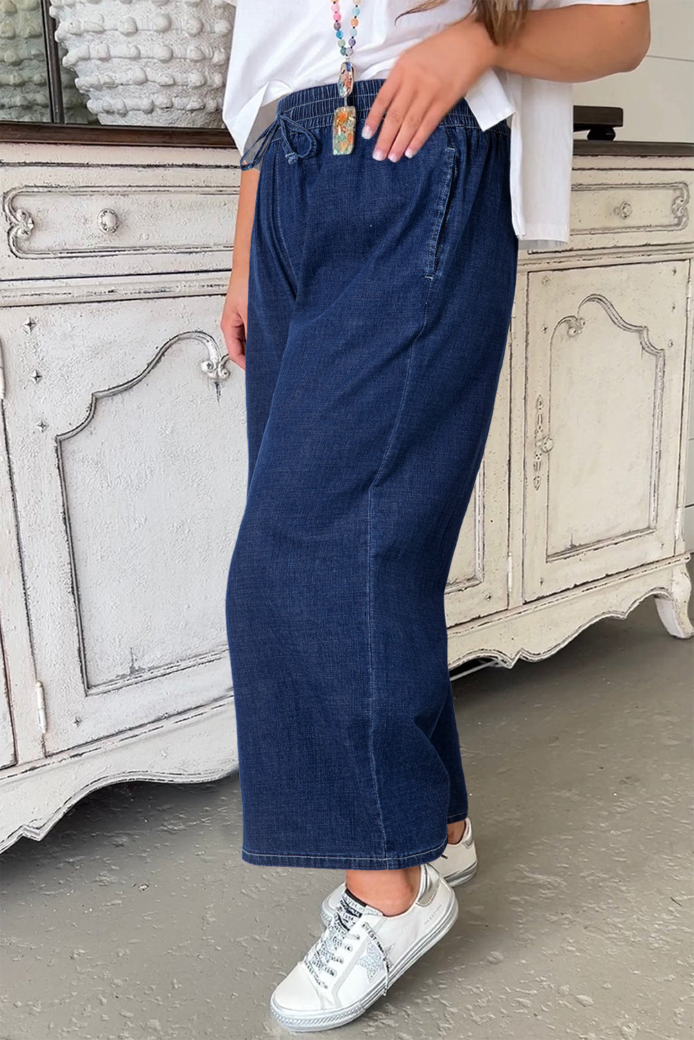 Real Teal Plus Size Drawstring High Waist Wide Leg Casual Jeans - Size/Plus Bottoms