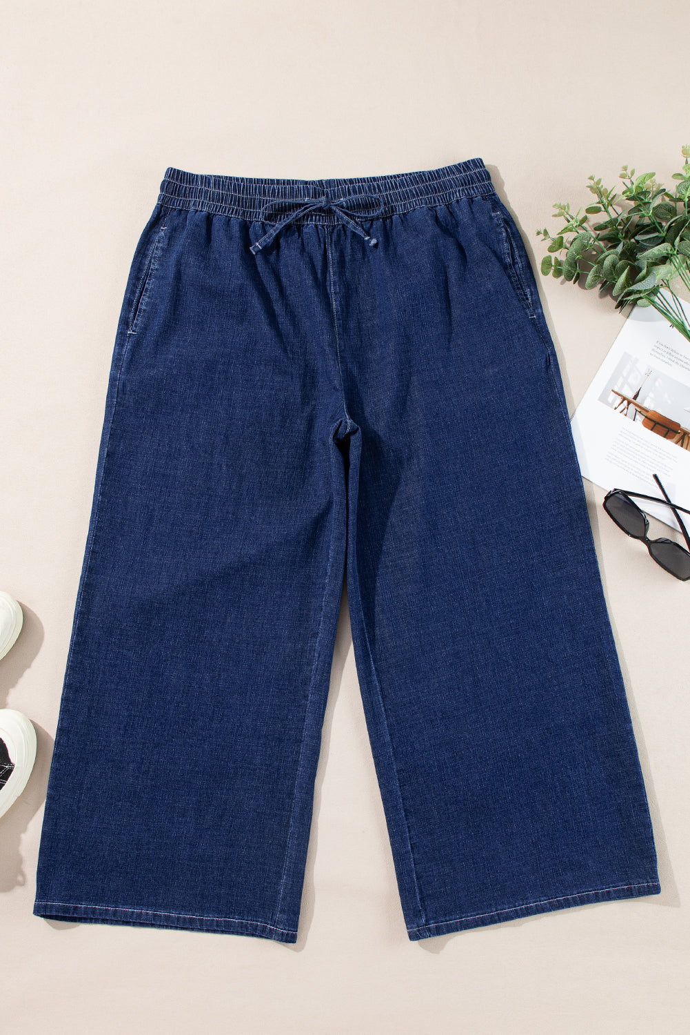 Real Teal Plus Size Drawstring High Waist Wide Leg Casual Jeans - Size/Plus Bottoms